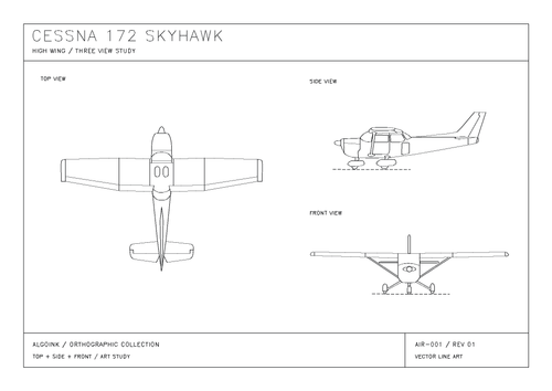 AIR-001 Cessna 172 Skyhawk A3 blueprint artwork preview — white paper, black pen