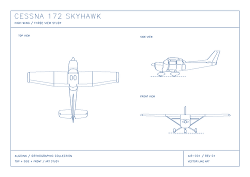 AIR-001 Cessna 172 Skyhawk A3 artwork preview — white paper, blue pen