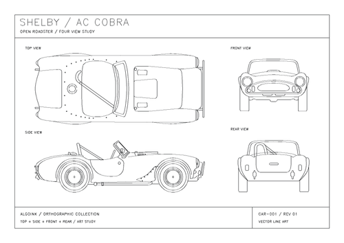 CAR-001 Shelby AC Cobra A3 artwork preview — white paper, black pen
