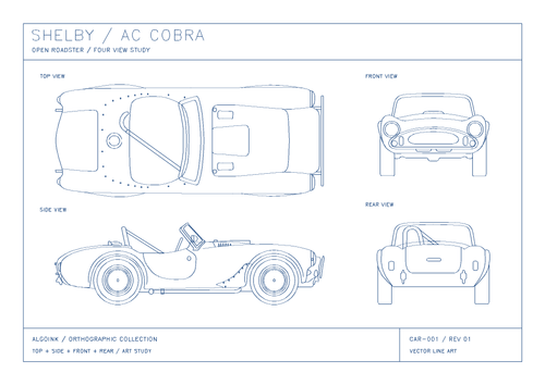 CAR-001 Shelby AC Cobra A3 artwork preview — white paper, blue pen